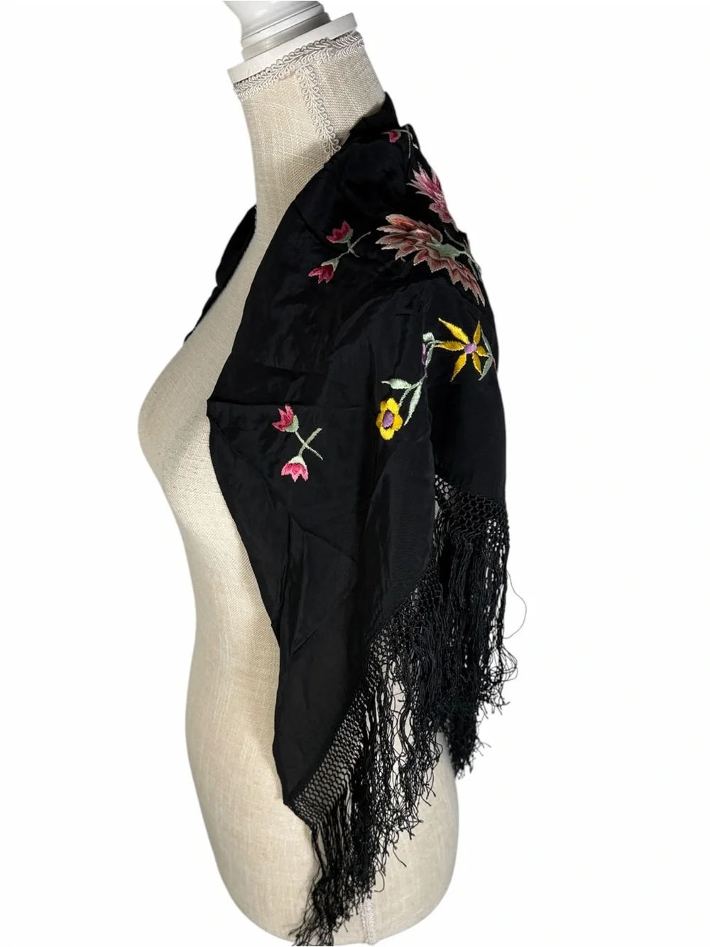Women’s Black Colorful Floral Embroidered Fringe  Spanish Flamenco Piano Shawl